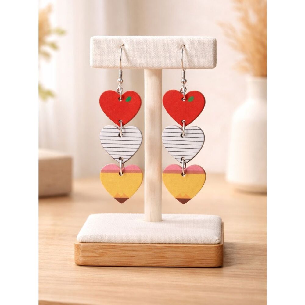 NWT Dangle Earrings Wood 3 Tier Hearts Teacher Education Pencil Paper Educator